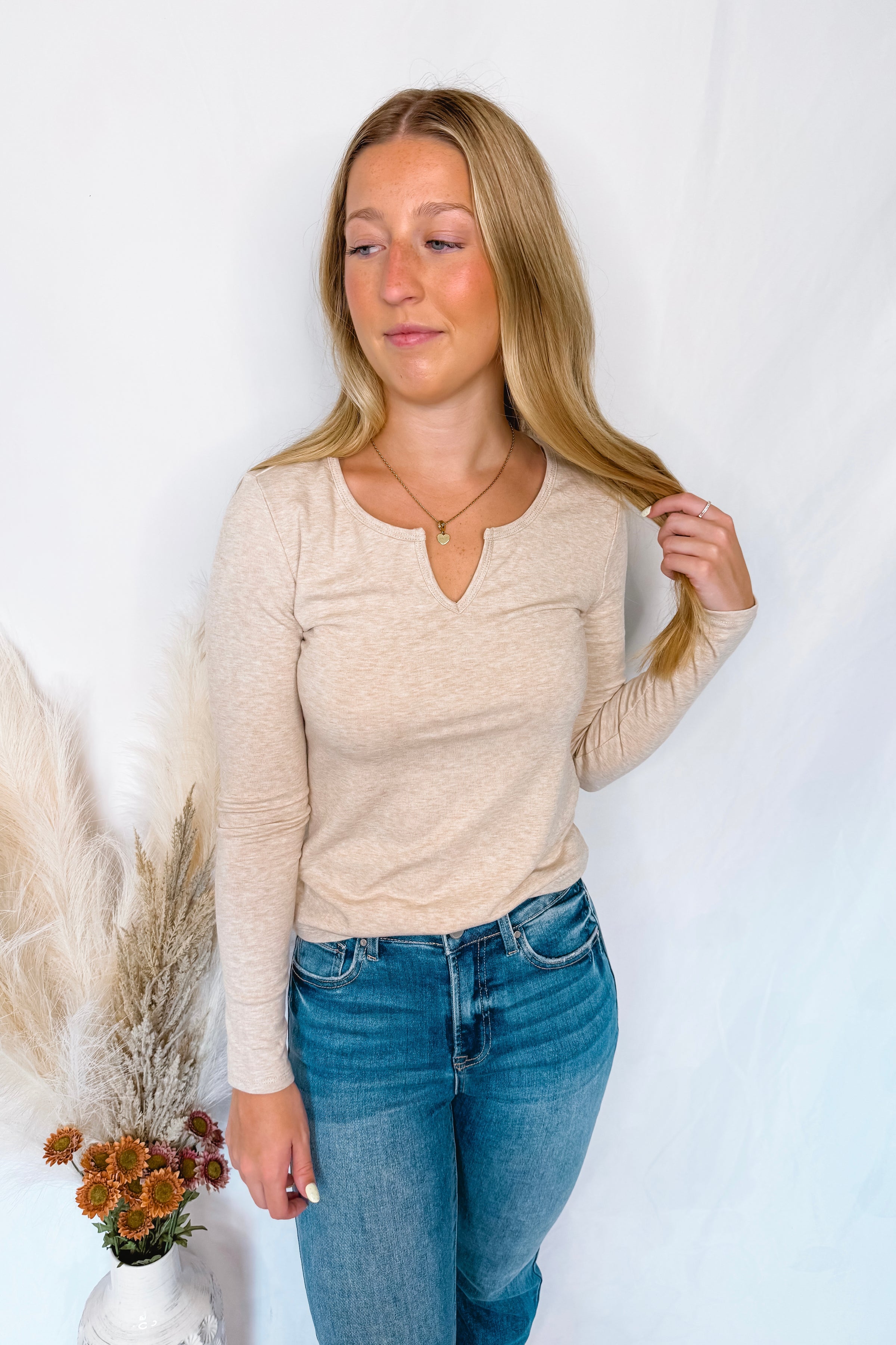 Courtney Notched V-Neck Long Sleeve Top - Oatmeal