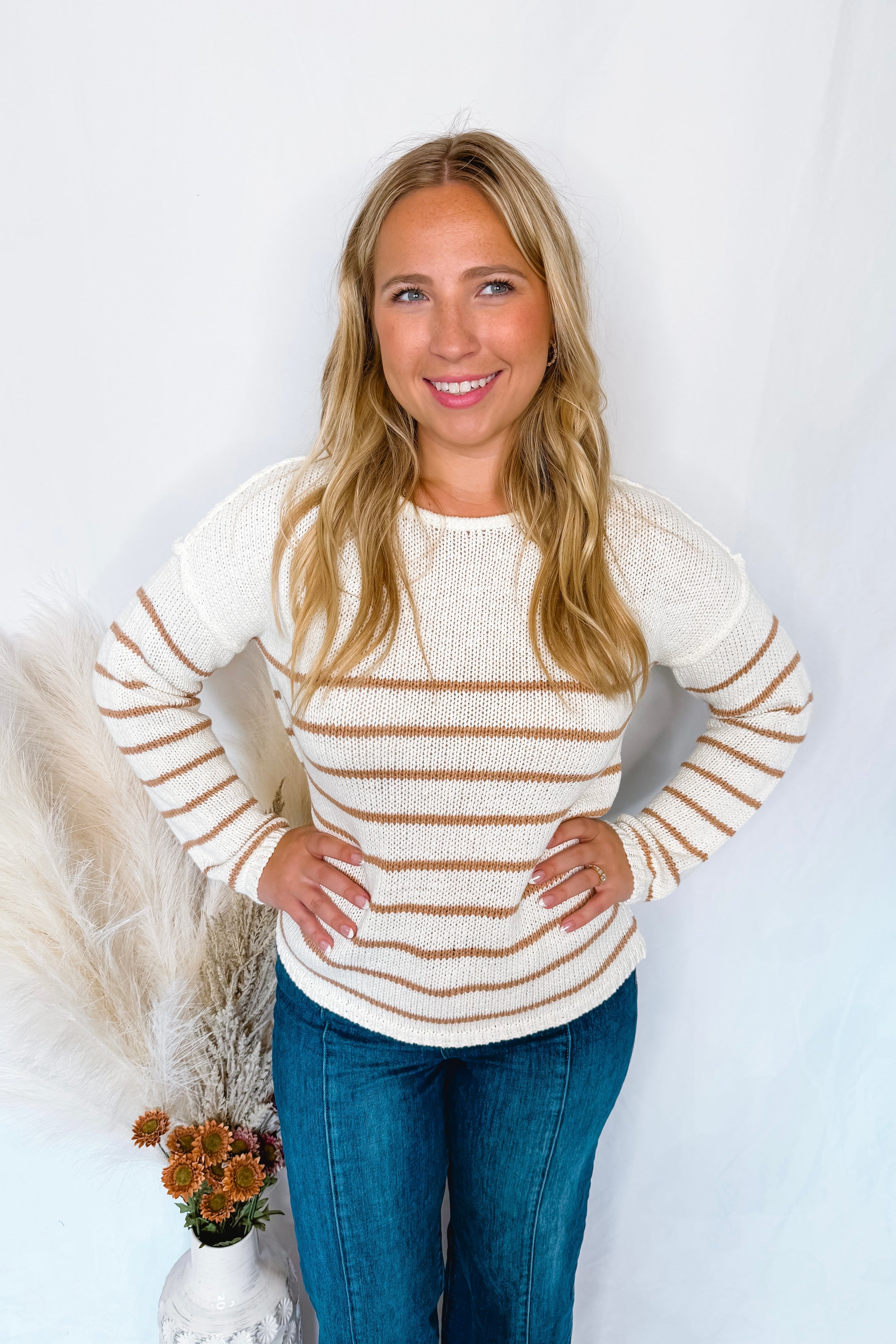 Breezy Mornings Striped Crew Neck Sweater - Ivory/Taupe