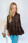 Playful Fun Plaid Peplum Button Down - Brown/Black