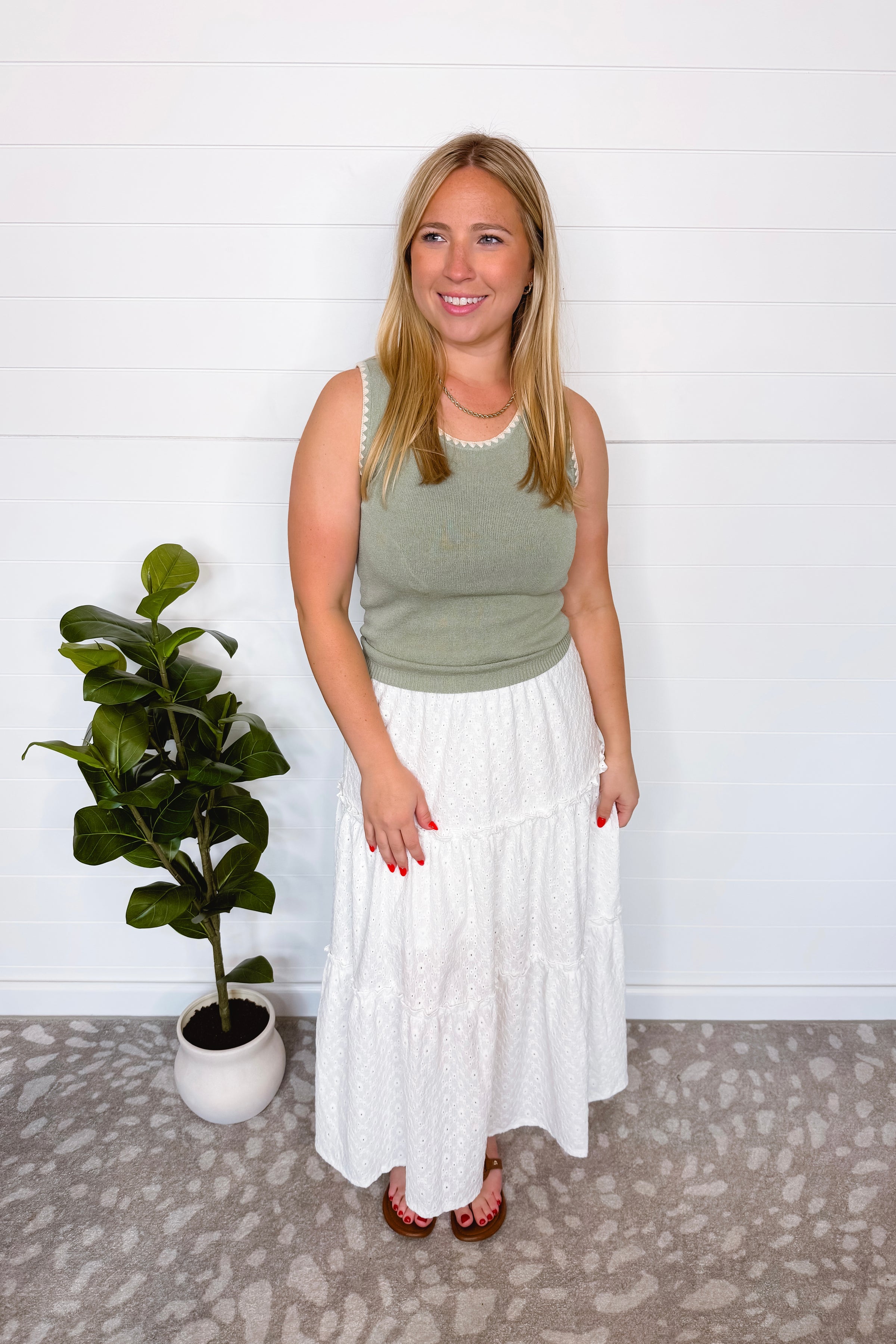 Macy Embroidered Trim Knit Tank - Sage