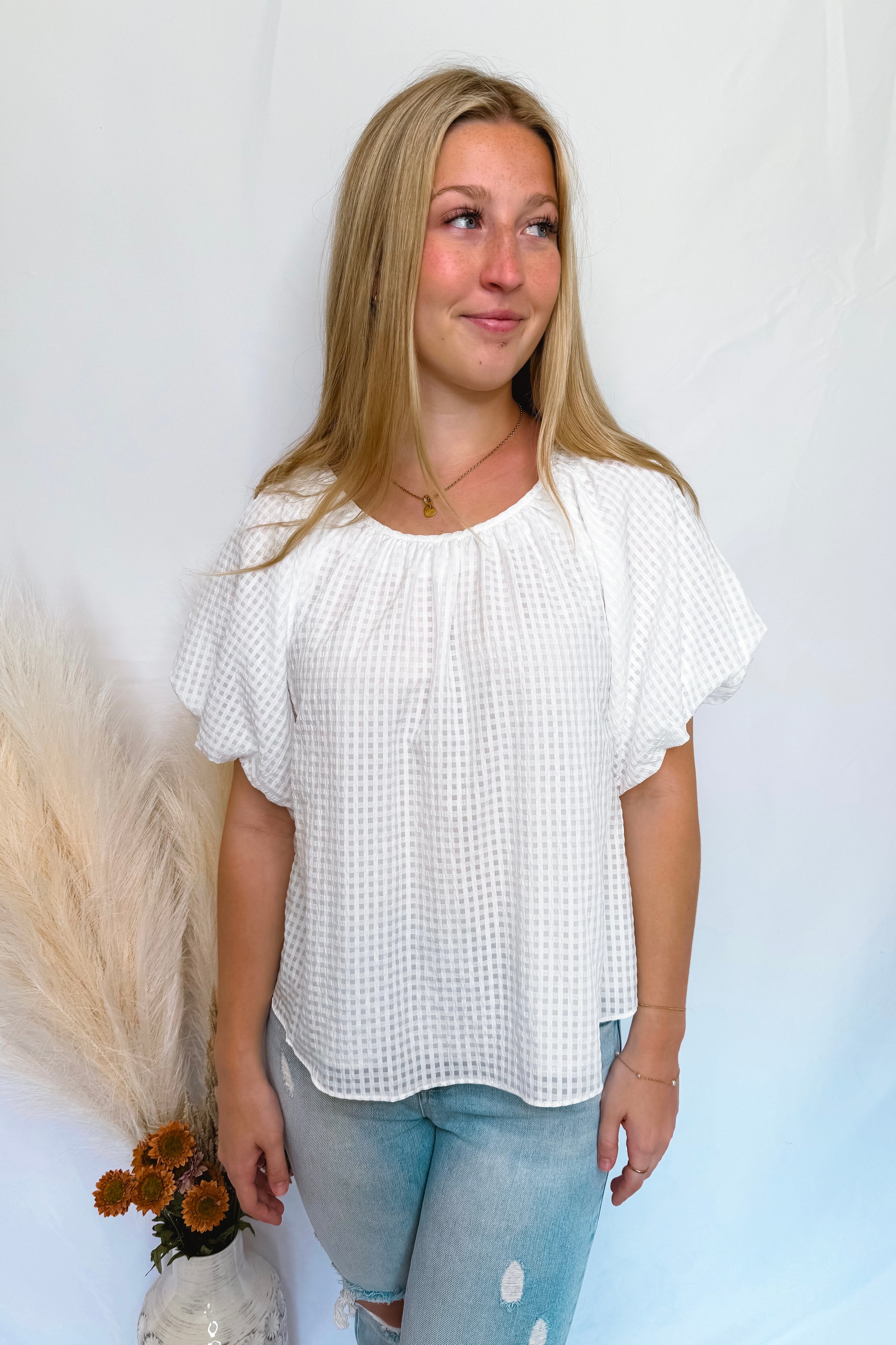 French Market Gingham Bubble Sleeve Top - White