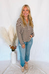 Crunching Leaves Striped Split Neck Top - Brown/Ivory
