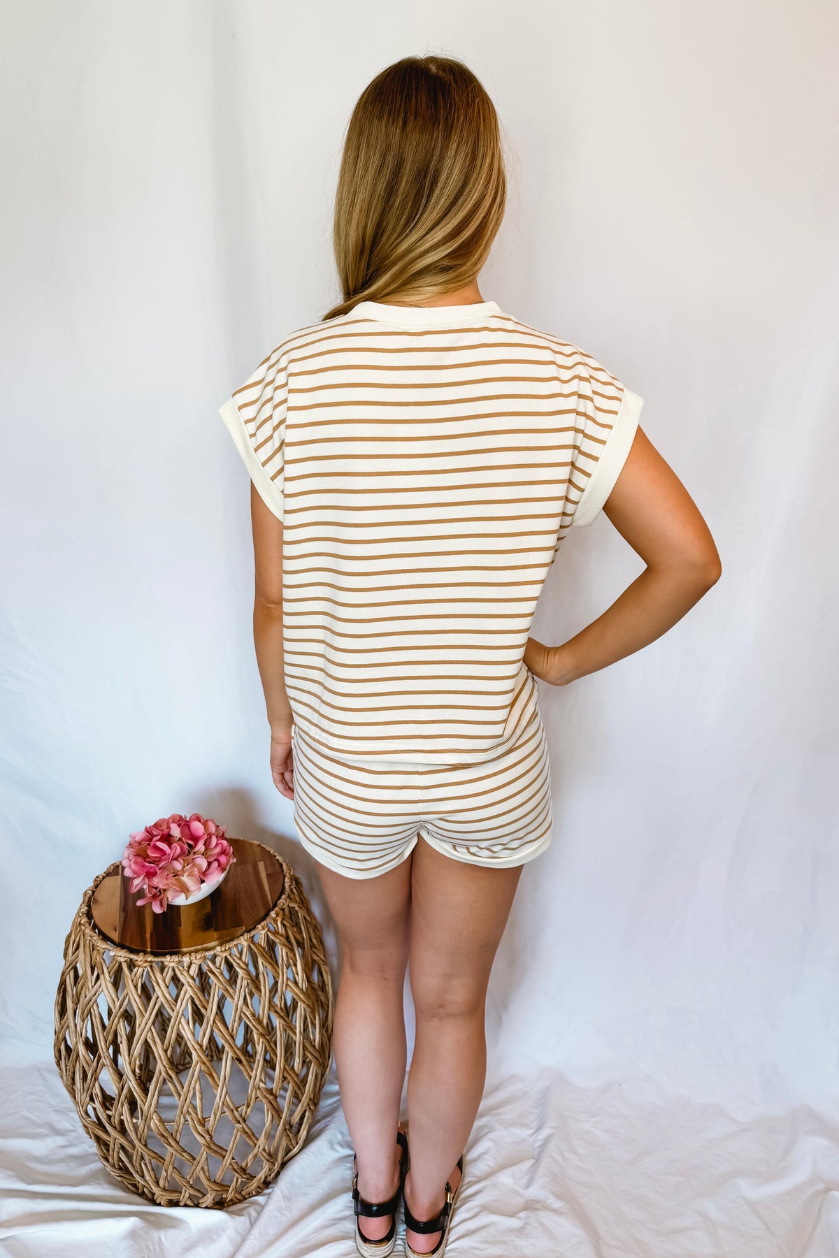 High Temps Striped Top & Short Set - Ivory/Taupe