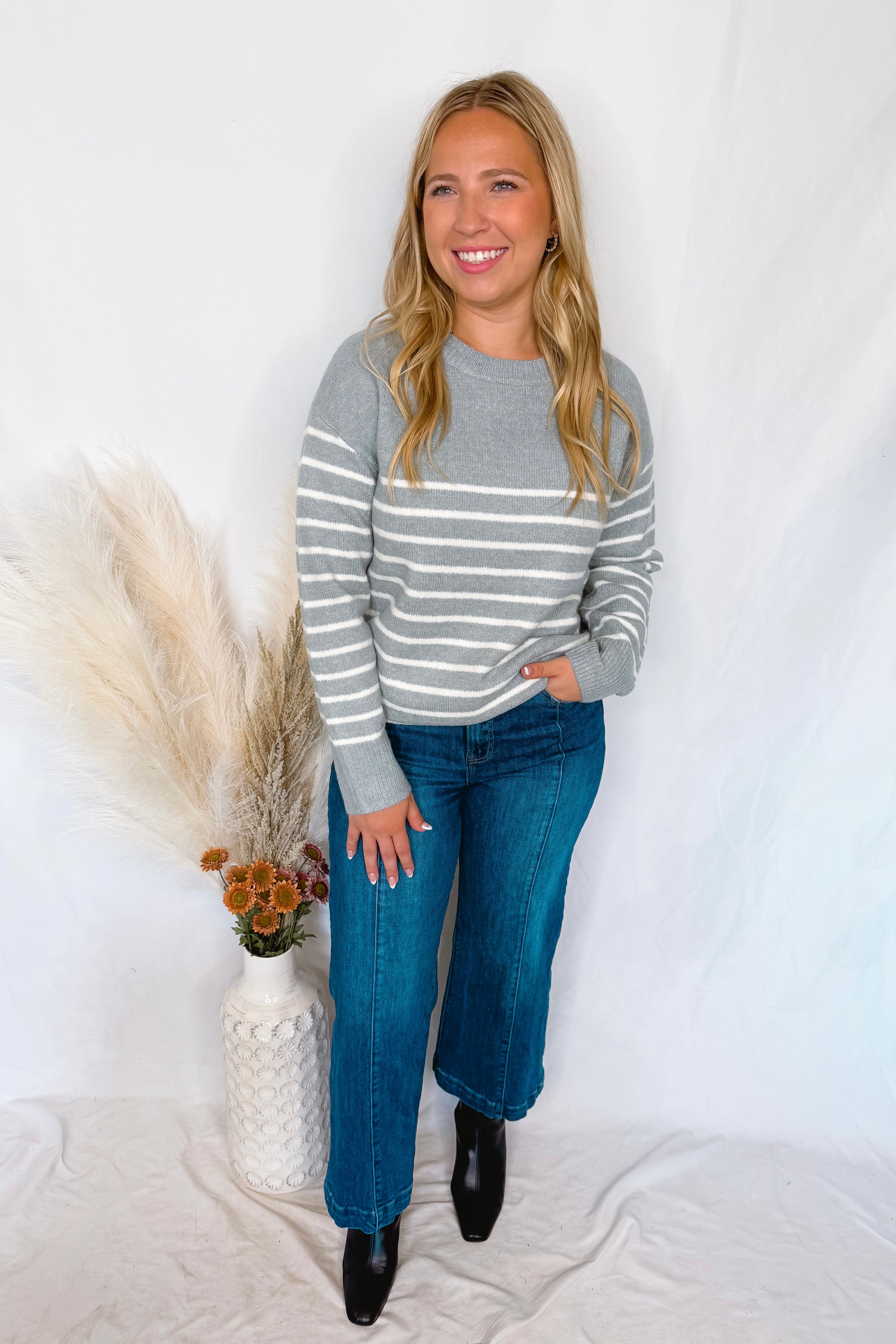 High Energy Striped Crew Neck Sweater - Dusty Blue