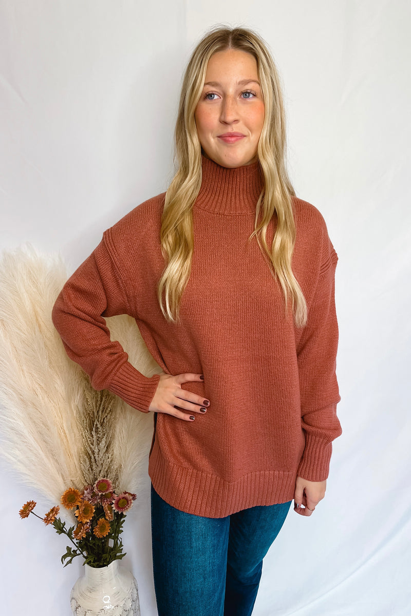 Most Cozy Mock Neck Sweater - Cinnamon