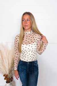 Frankie Mesh Mock Neck Polka Dot Top - Ivory/Brown