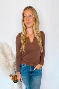 Courtney Notched V-Neck Long Sleeve Top - Brown