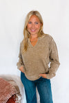 Fall Feels Mineral Washed V-Neck Top - Dark Tan