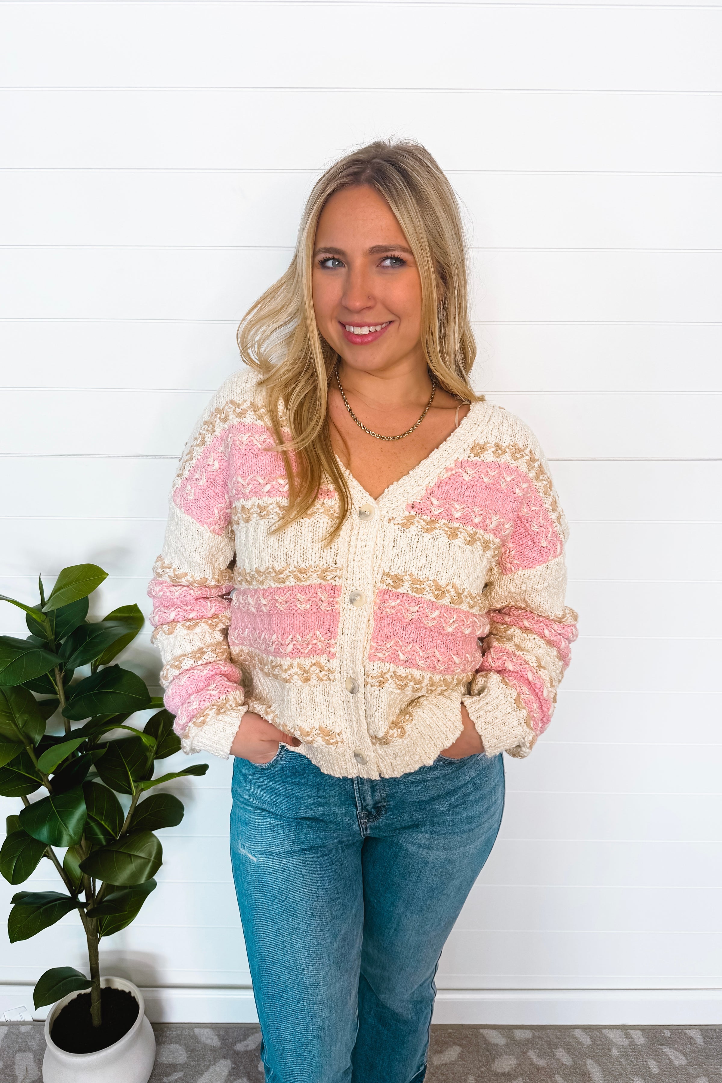 Soft Season Textured Knit Button Cardigan - Ivory/Pink