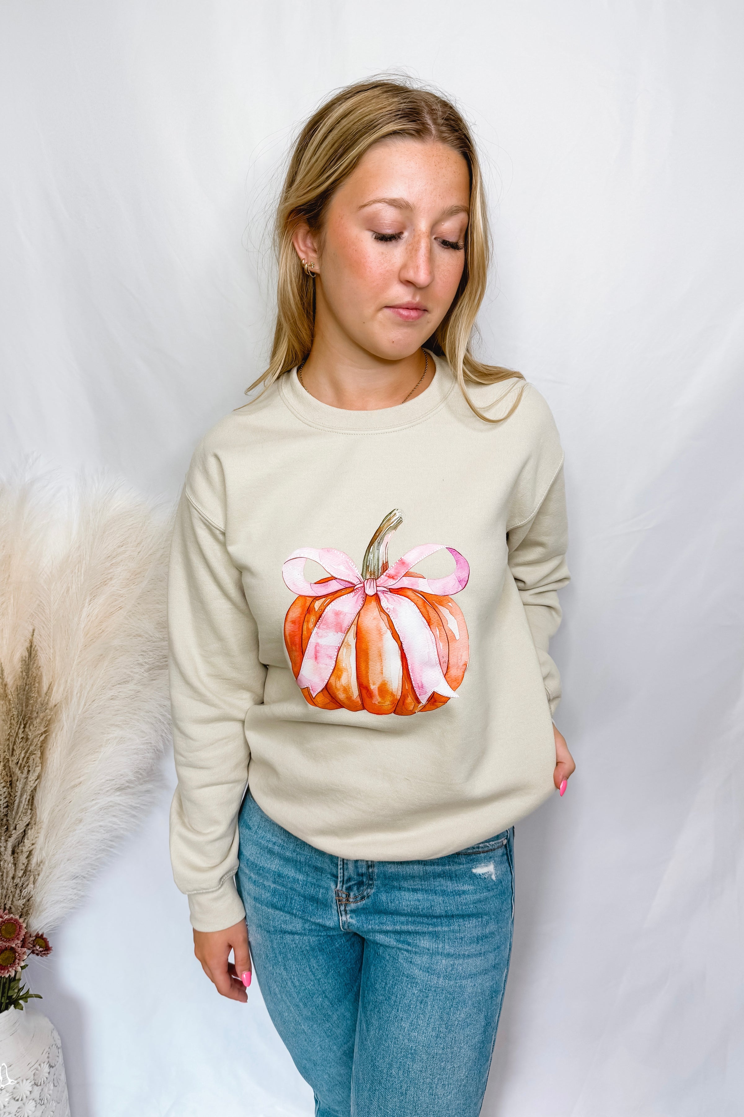 Fall Coquette Pumpkin Crew Neck - Sand