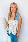 Romantic Getaway Floral Tie Shoulder Tank - Ivory/Blue