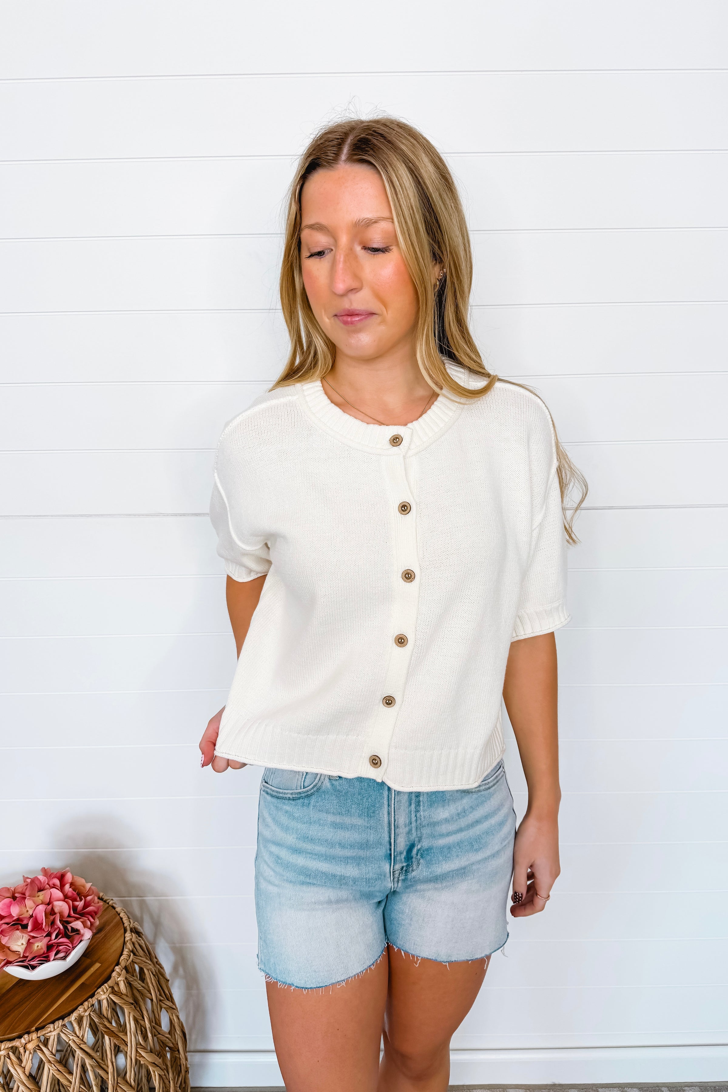 Simple Staple Button Down Knit Top - Cream