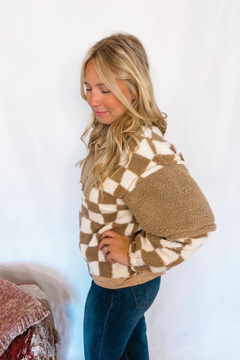 Casual Comforts Checkered Sherpa Pullover - Taupe