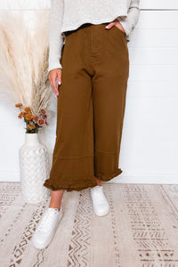 Layla High Rise Wide Leg Ruffle Pant - Brown