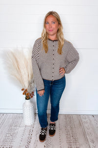 Gwen Lightweight Striped Button Sweater - Mocha/Ivory