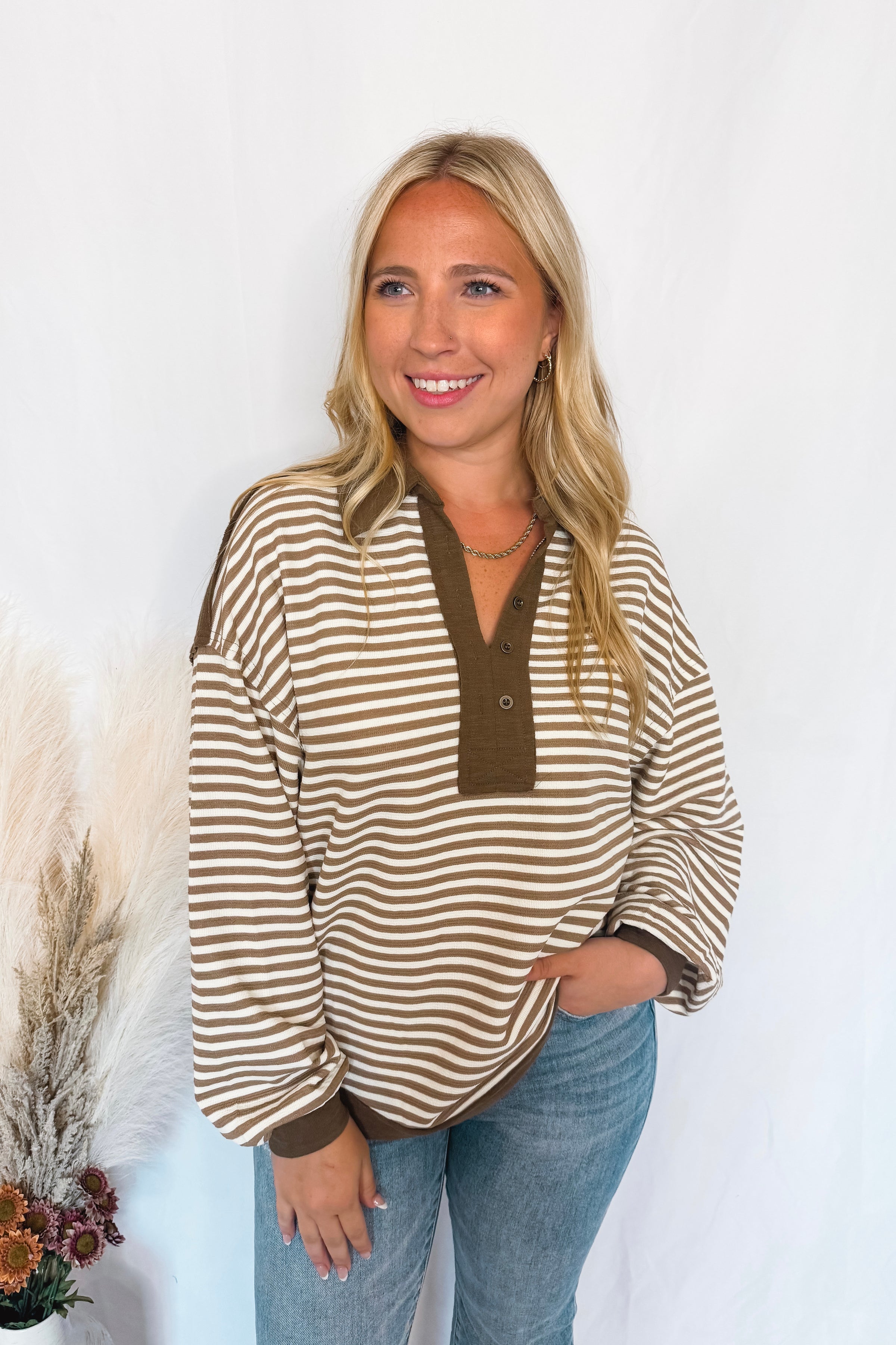 Casual Cocoa Striped Collared Top - Mocha