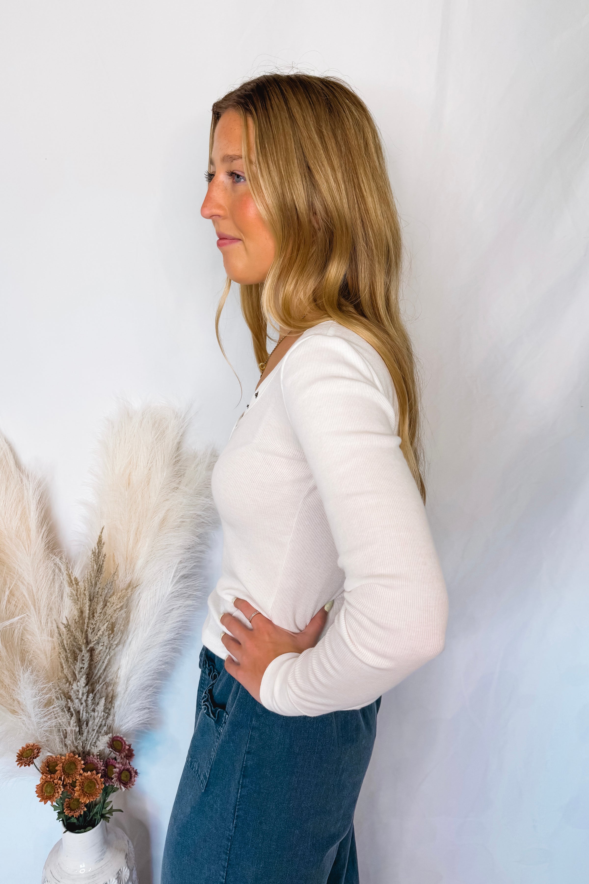 Shelly Long Sleeve Henley Top - White