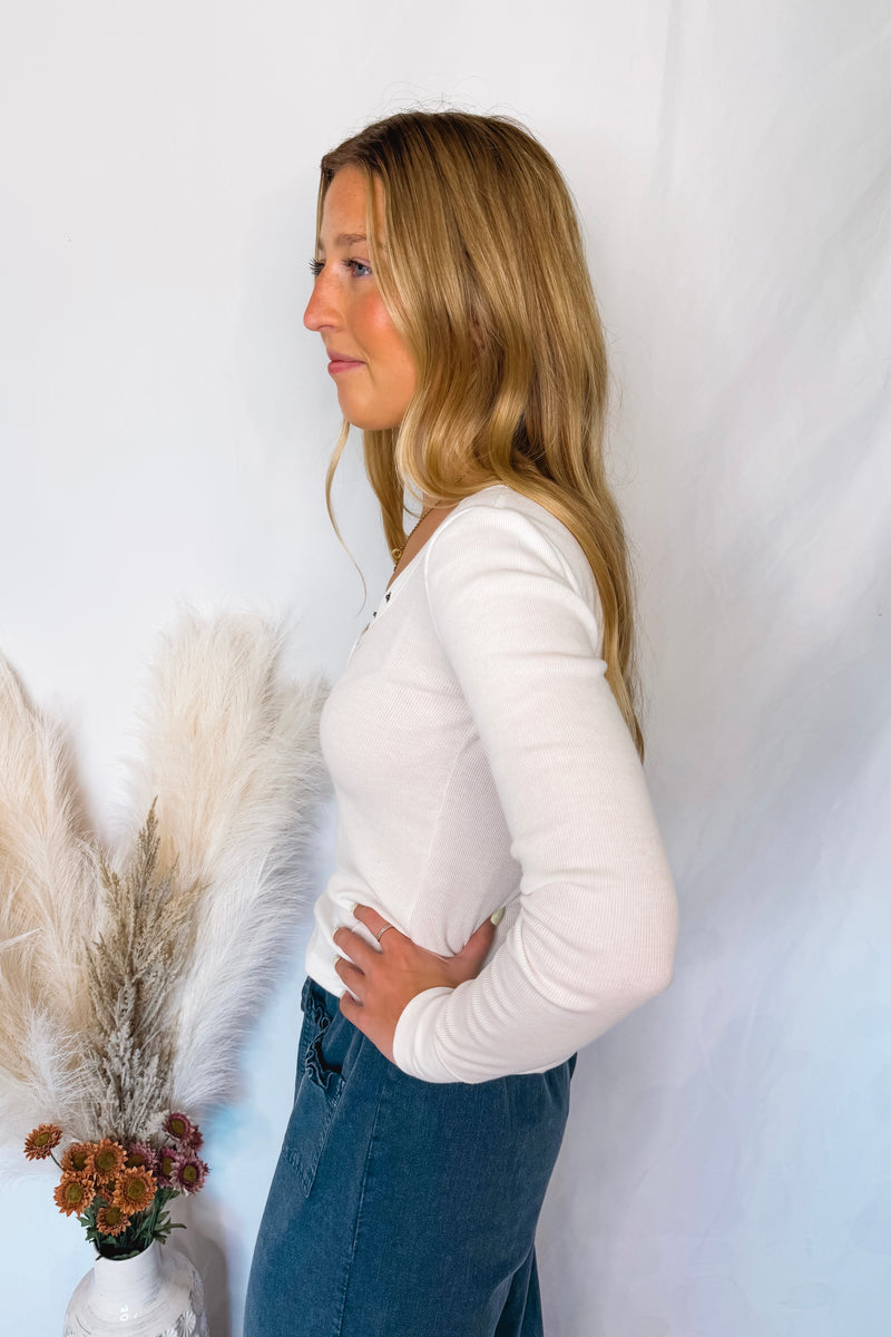 Shelly Long Sleeve Henley Top - White