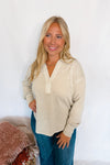 All My Days Mineral Washed Split Neck Top - Oatmeal