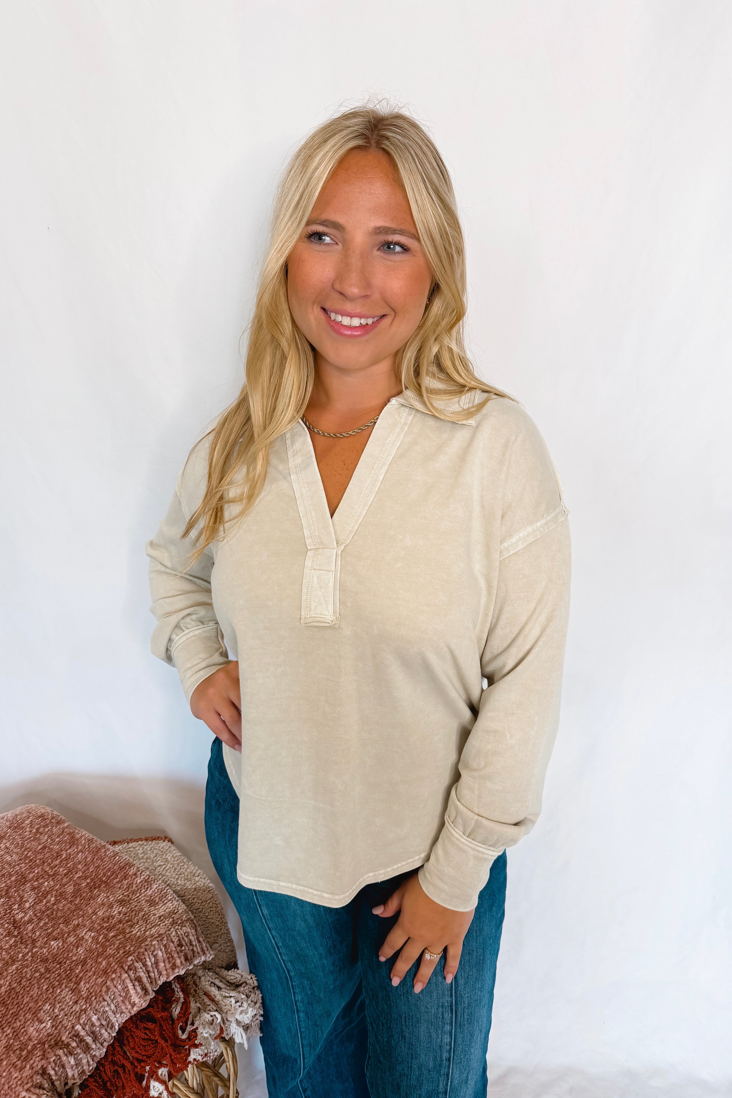 All My Days Mineral Washed Split Neck Top - Oatmeal