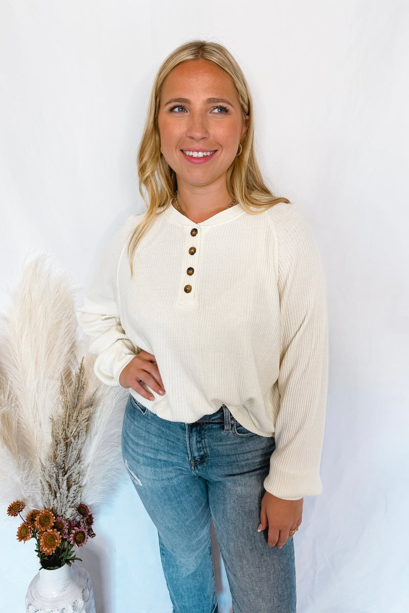 Keep It Casual Waffle Knit Henley Top - Cream