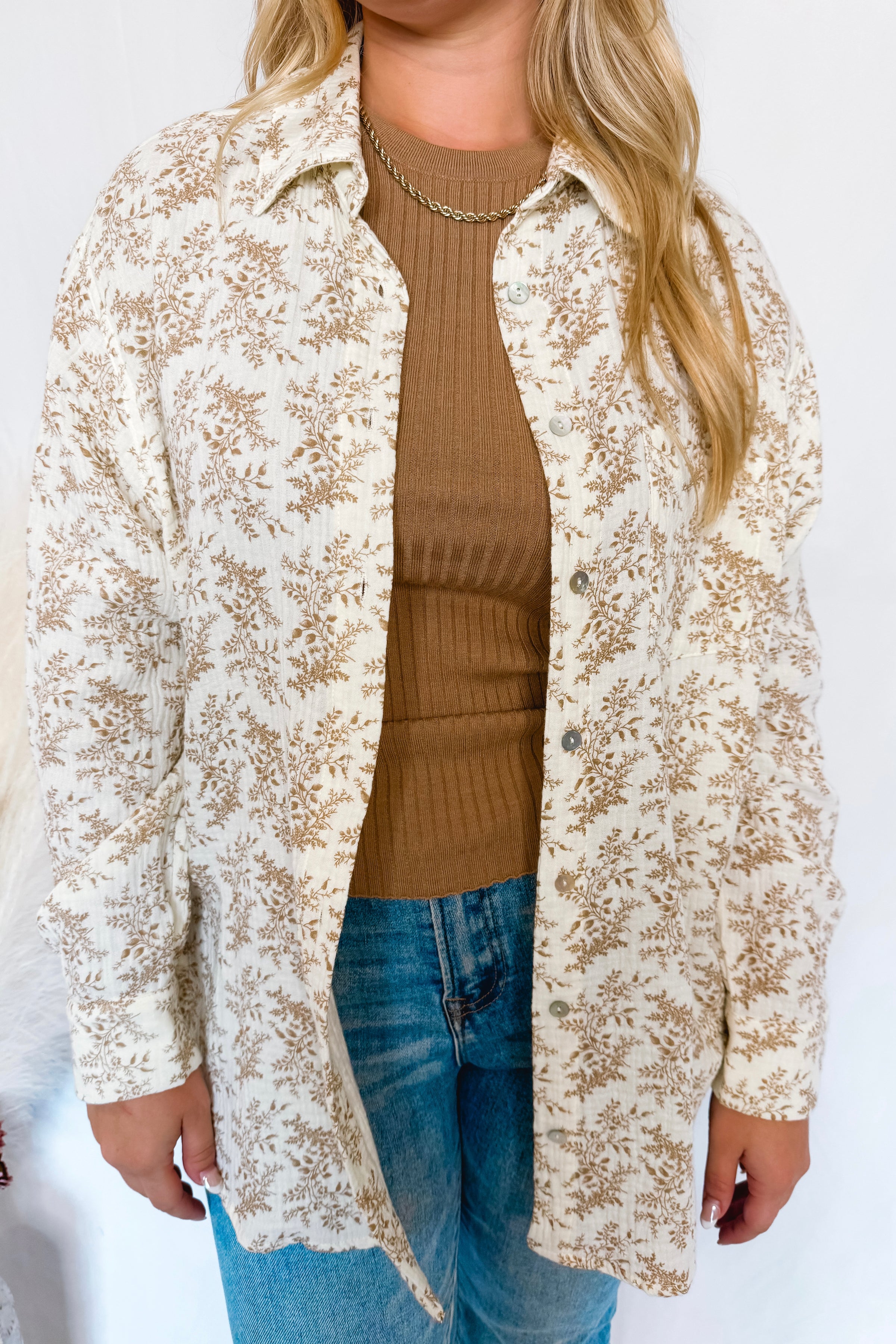 Meadow Breeze Gauze Floral Button Down - Ivory/Mocha