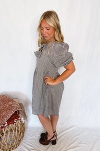 Harvest Cutie Gingham Front Bow Mini Dress - Brown