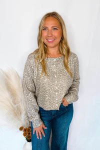 Wild Side Leopard Knit Button Sweater - Oatmeal
