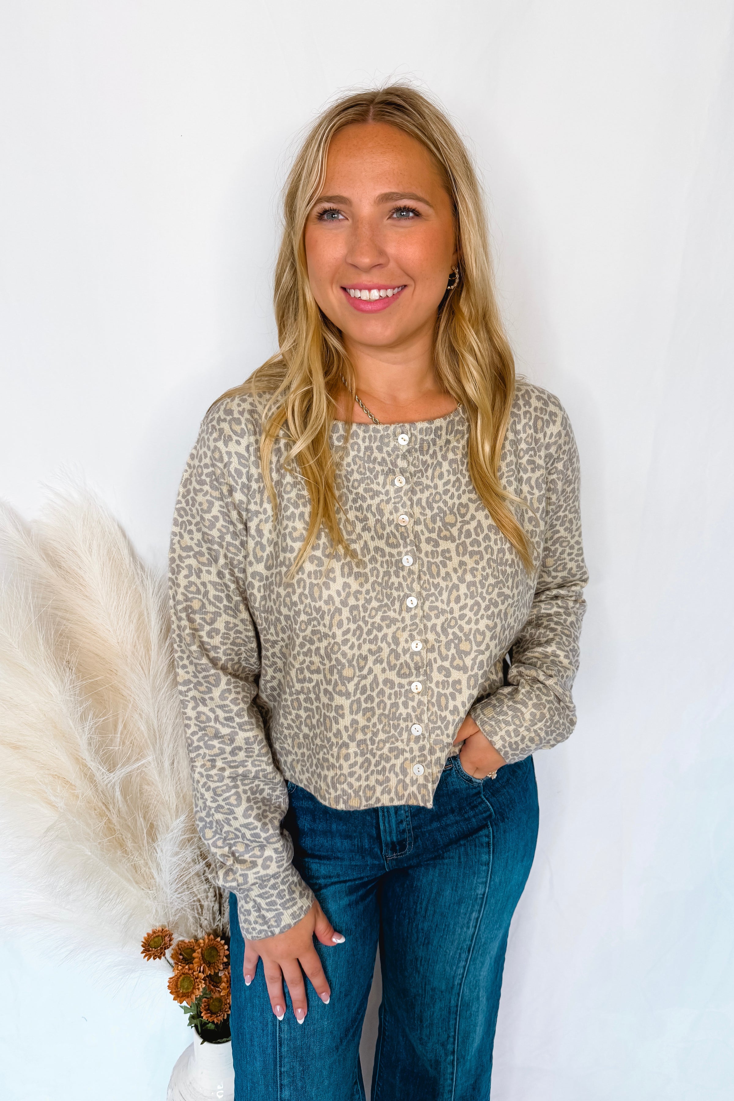 Wild Side Leopard Knit Button Sweater - Oatmeal