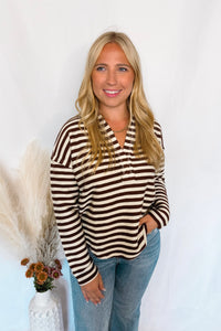 Crunching Leaves Striped Split Neck Top - Brown/Ivory
