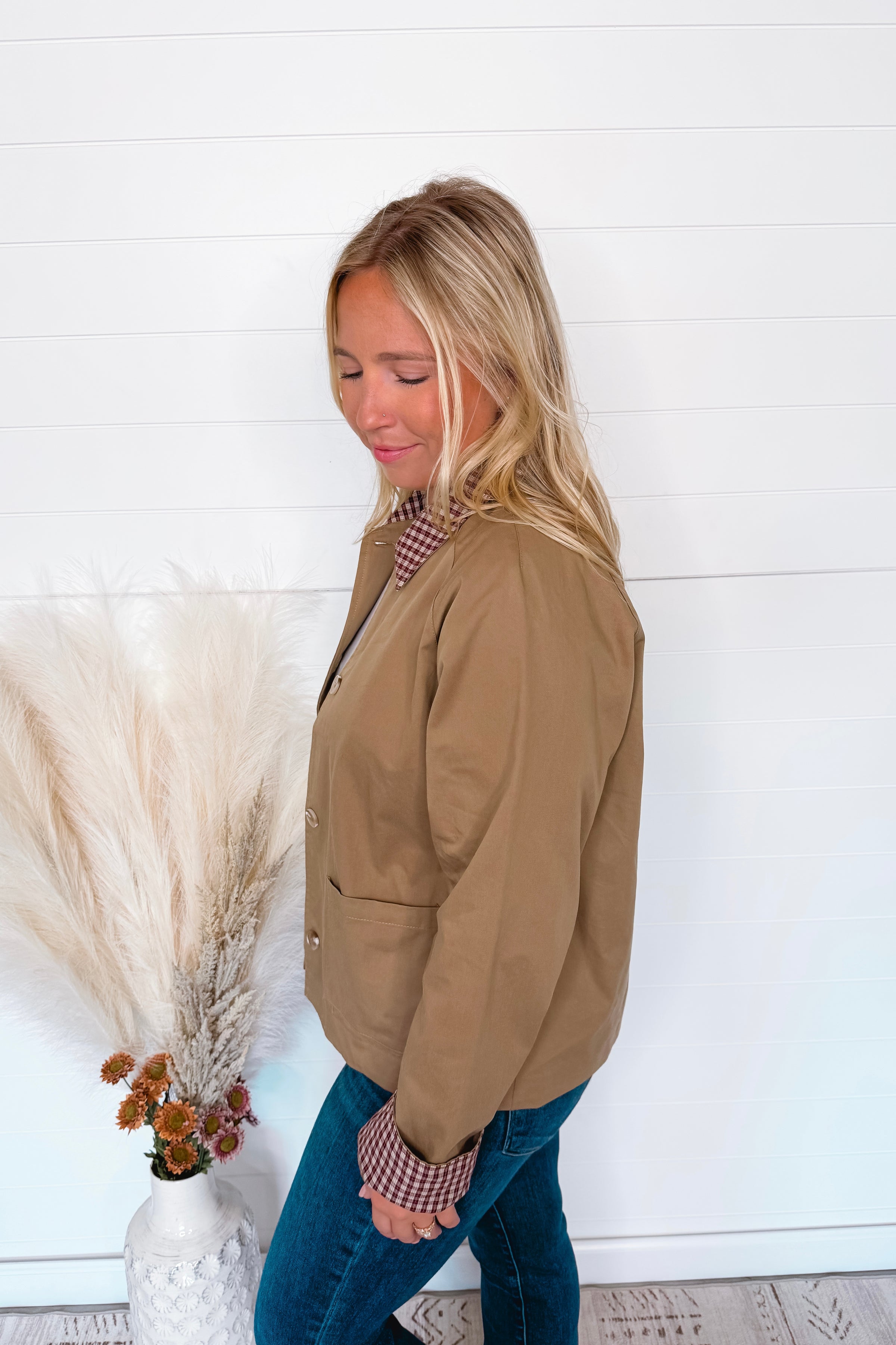 Loving Fall Plaid Collar Jacket - Tan