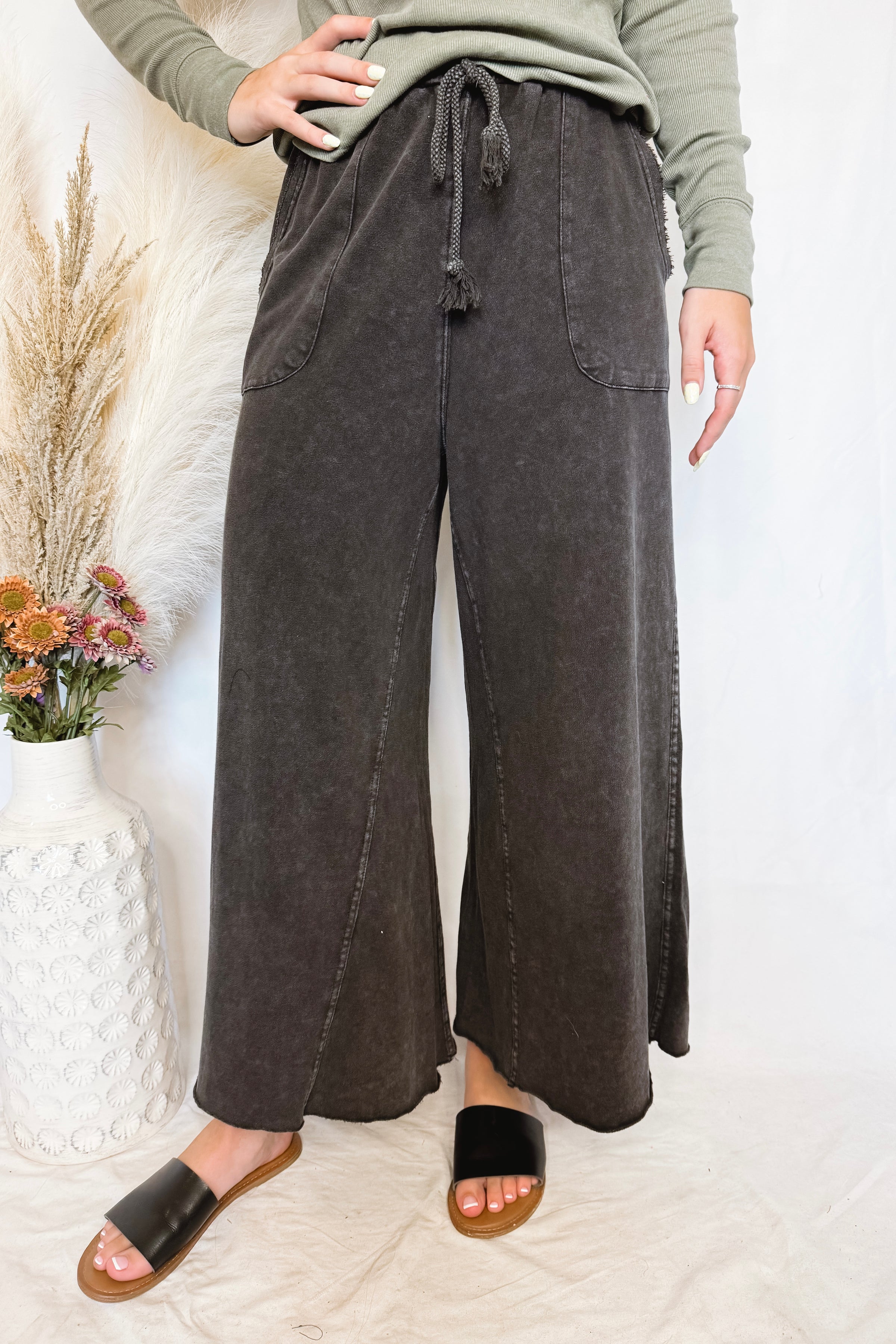 Remy Wide Leg Terry Knit Pants - Black