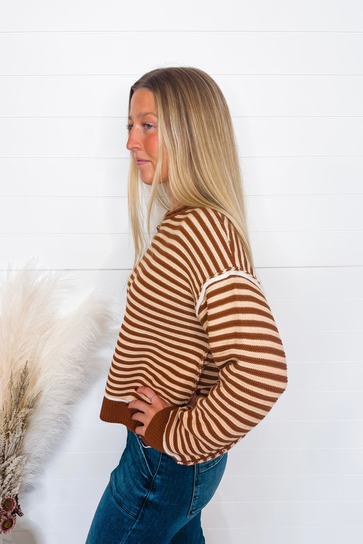 Cooler Evening Striped Knit Sweater - Mocha/Cream
