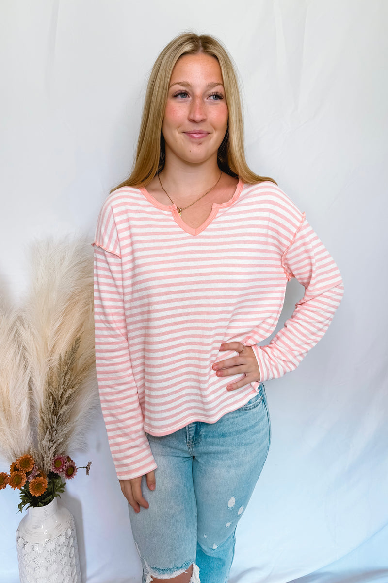 Simple Choice Split Neck Top - Pink