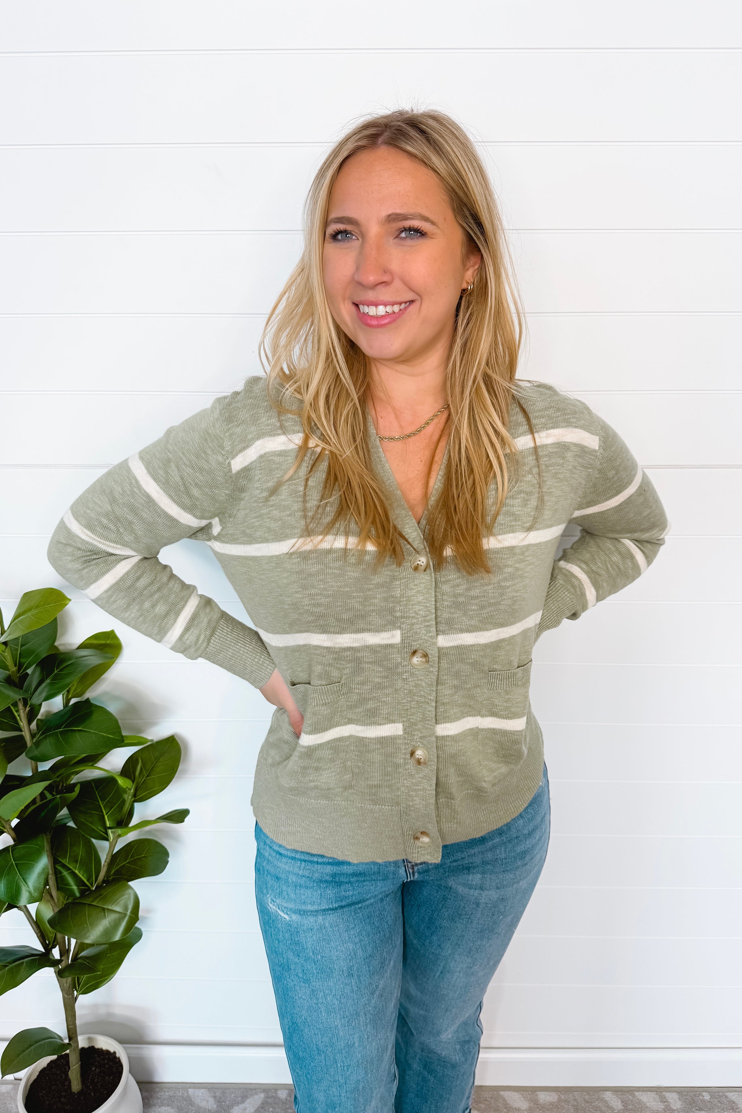 Everyday Striped Lightweight Button Cardigan - Sage