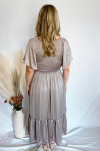 Love At Last Smocked Satin Midi Dress - Cashmere