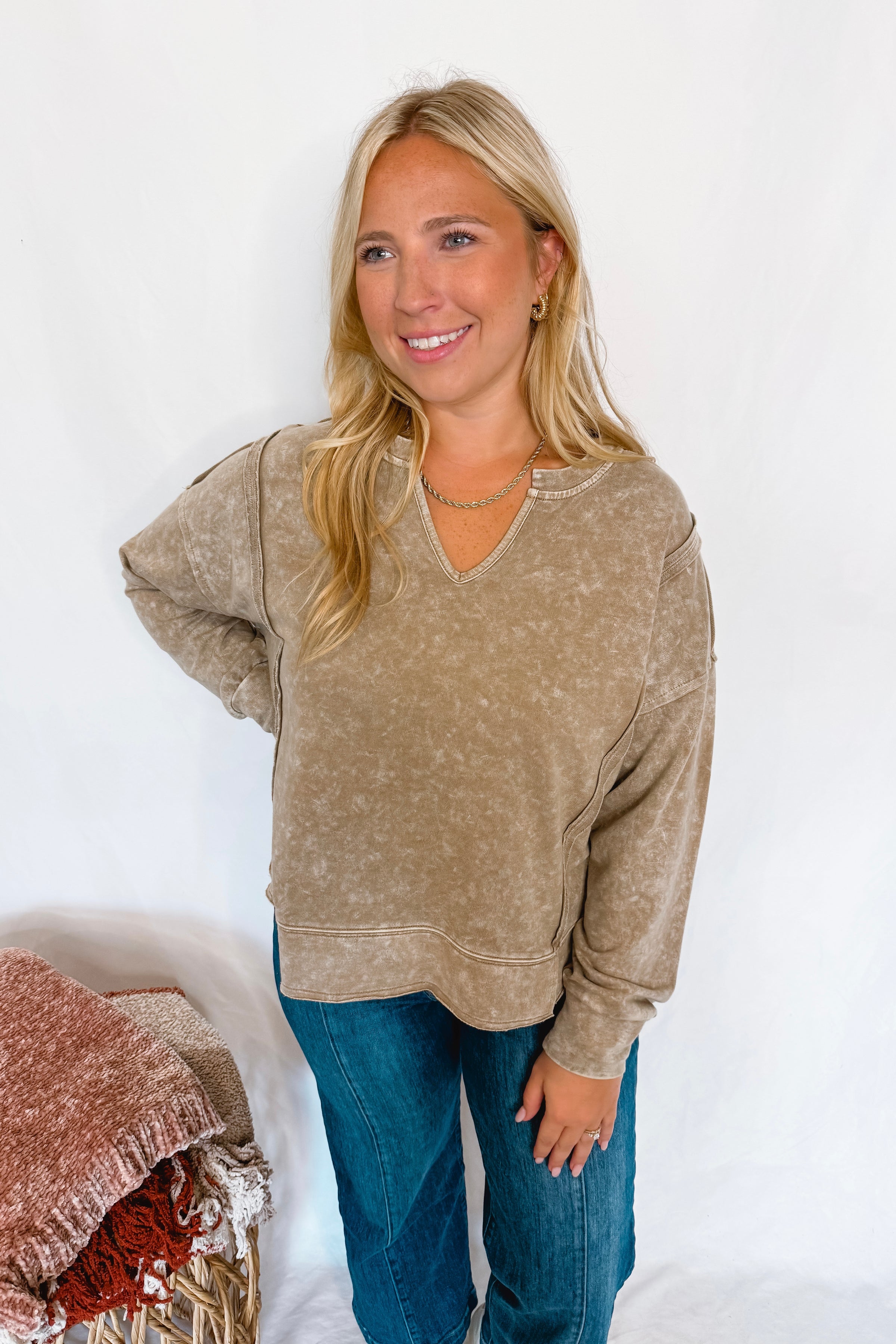 Fall Feels Mineral Washed V-Neck Top - Dark Tan