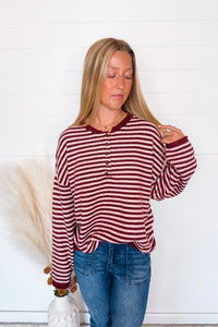 Astrid Lightweight Striped Henley Sweater - Burgundy/Pink