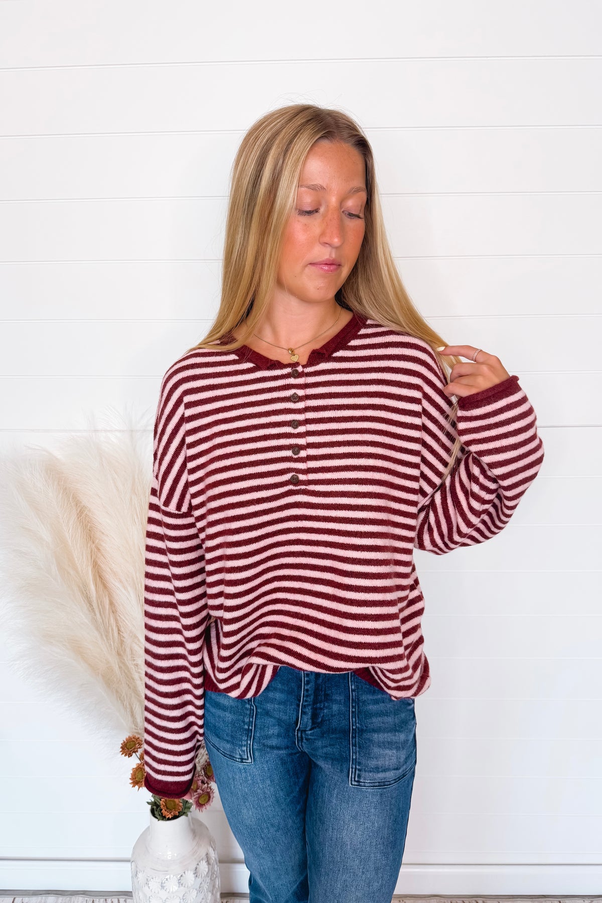 Astrid Lightweight Striped Henley Sweater - Burgundy/Pink