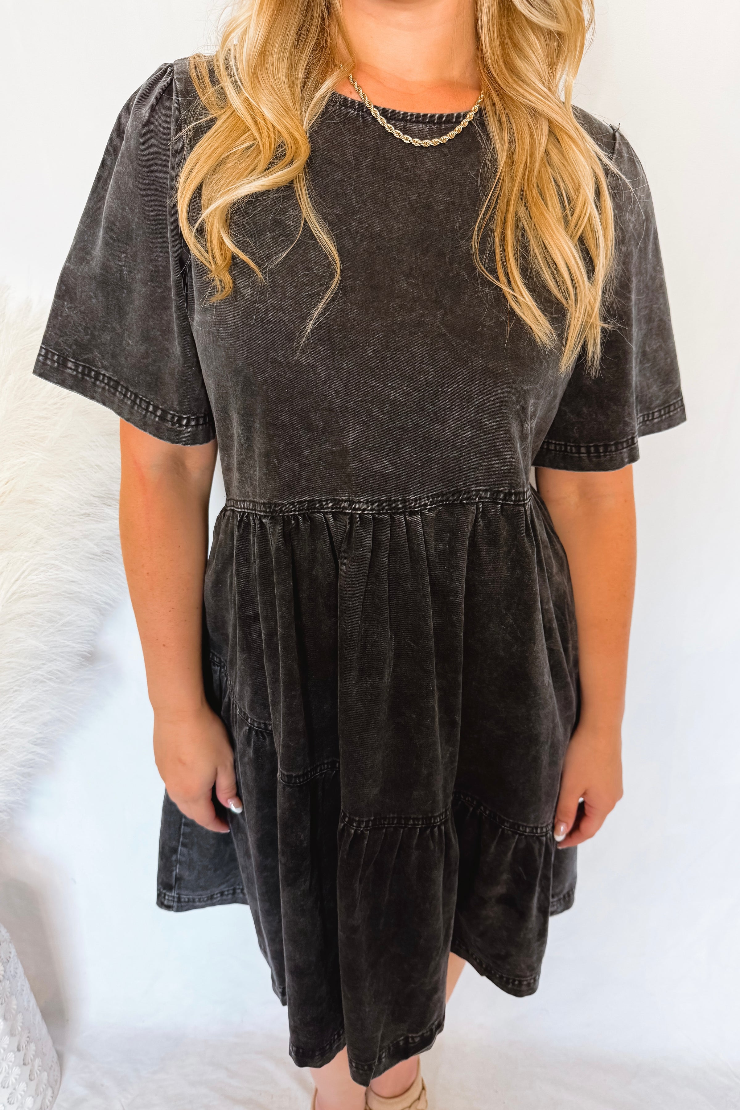 Free Falling Mineral Washed Denim Mini Dress - Black