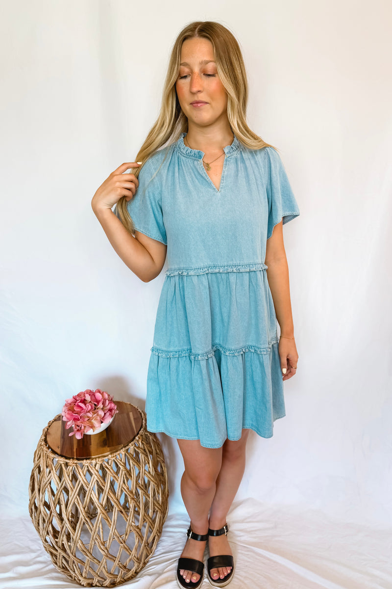 Day Dreamer Denim Tiered Dress - Light Wash