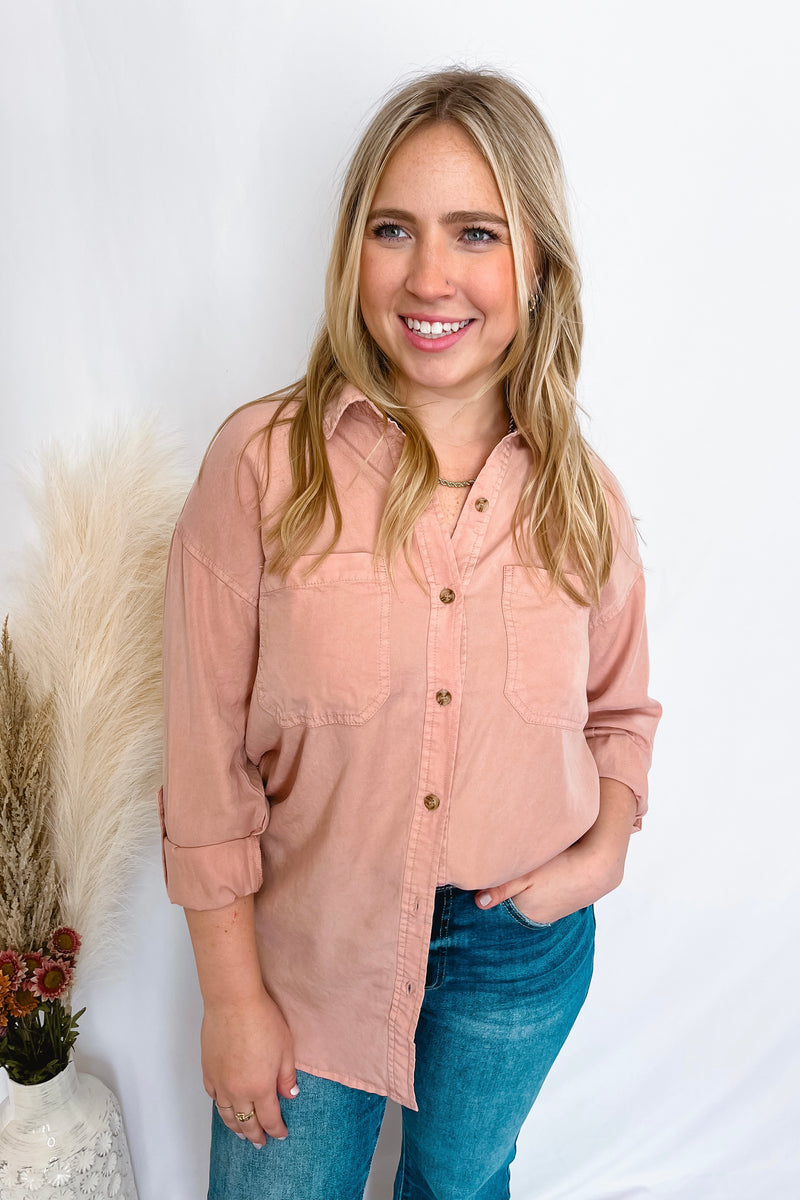 Stay Updated Button Down Top - Dusty Peach
