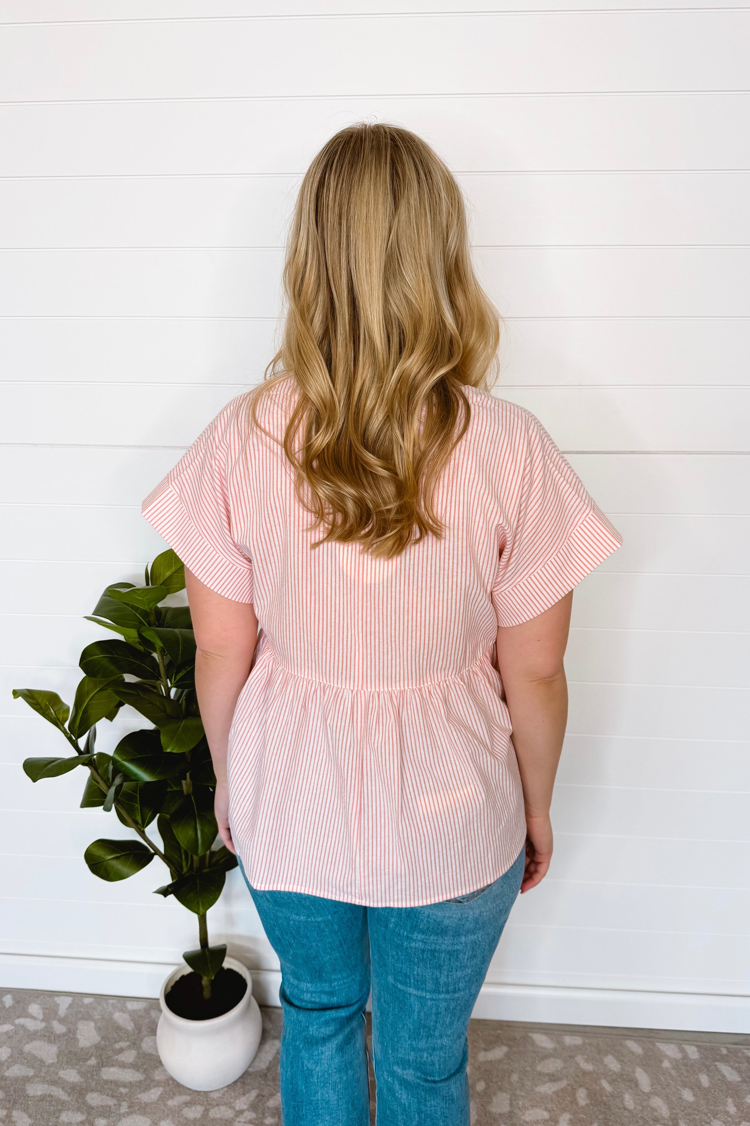 Annie Striped Split Neck Peplum Top - Blush
