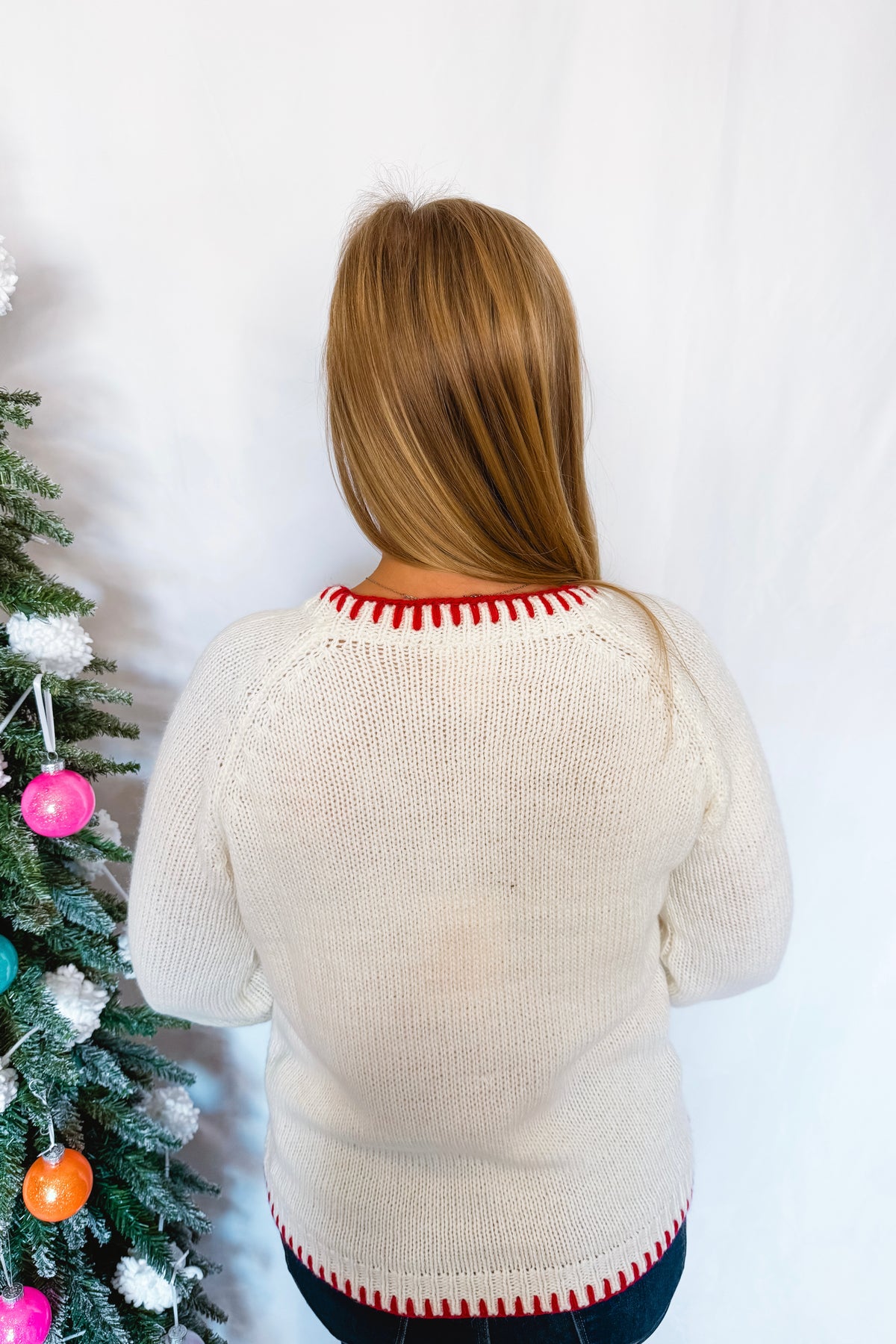 Merry Crochet Trim Crew Sweater- Ivory/Red