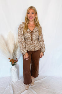 Count On Me Toile Babydoll Blouse - Brown/Ivory