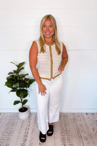 Vacay Plans Striped Knit Button Down Top - Taupe/White