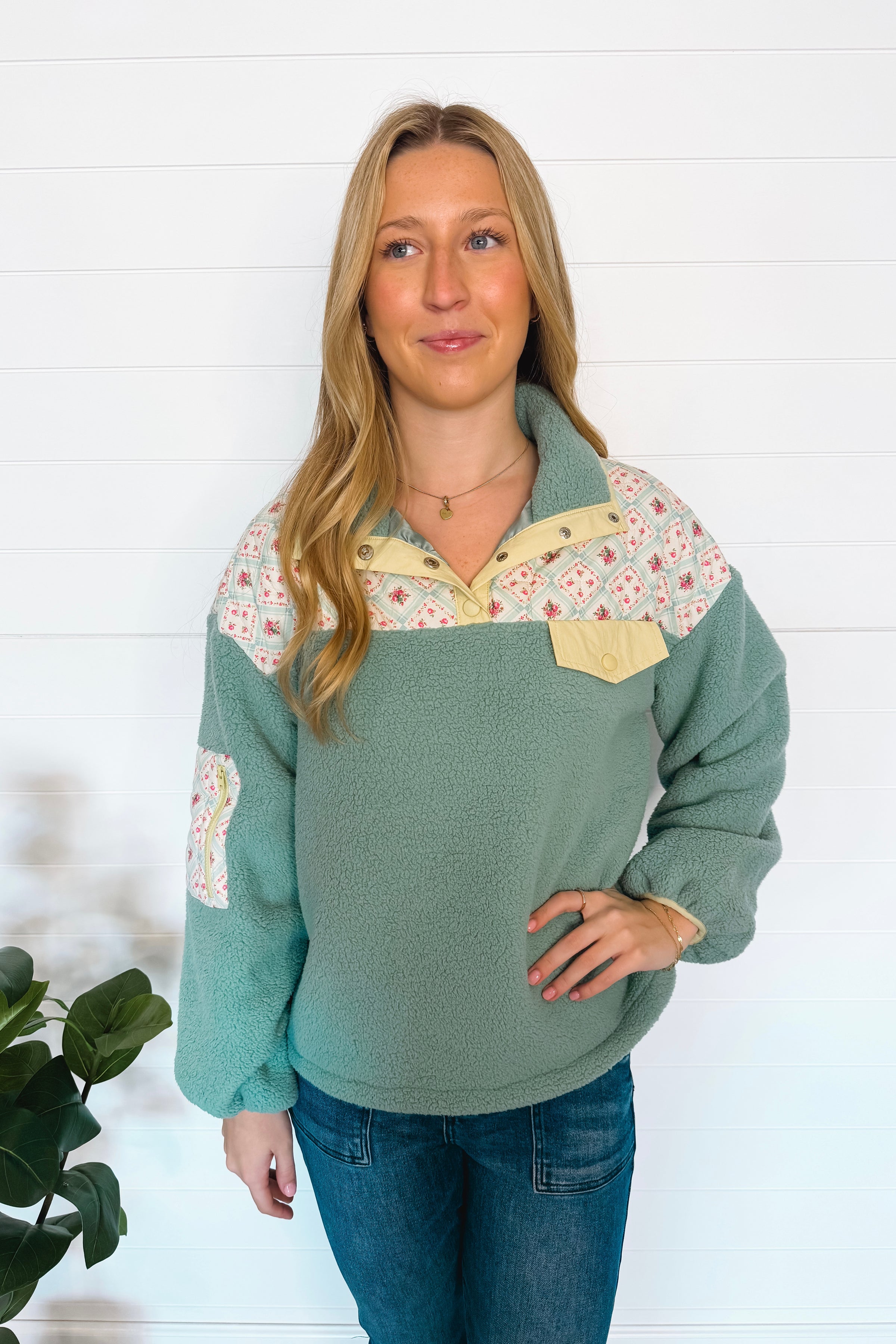 Cozy In Love Sherpa Quarter Snap Pullover - Sage