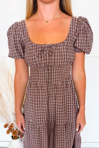 Full Of Grace Plaid Puff Sleeve Midi Dress - Brown