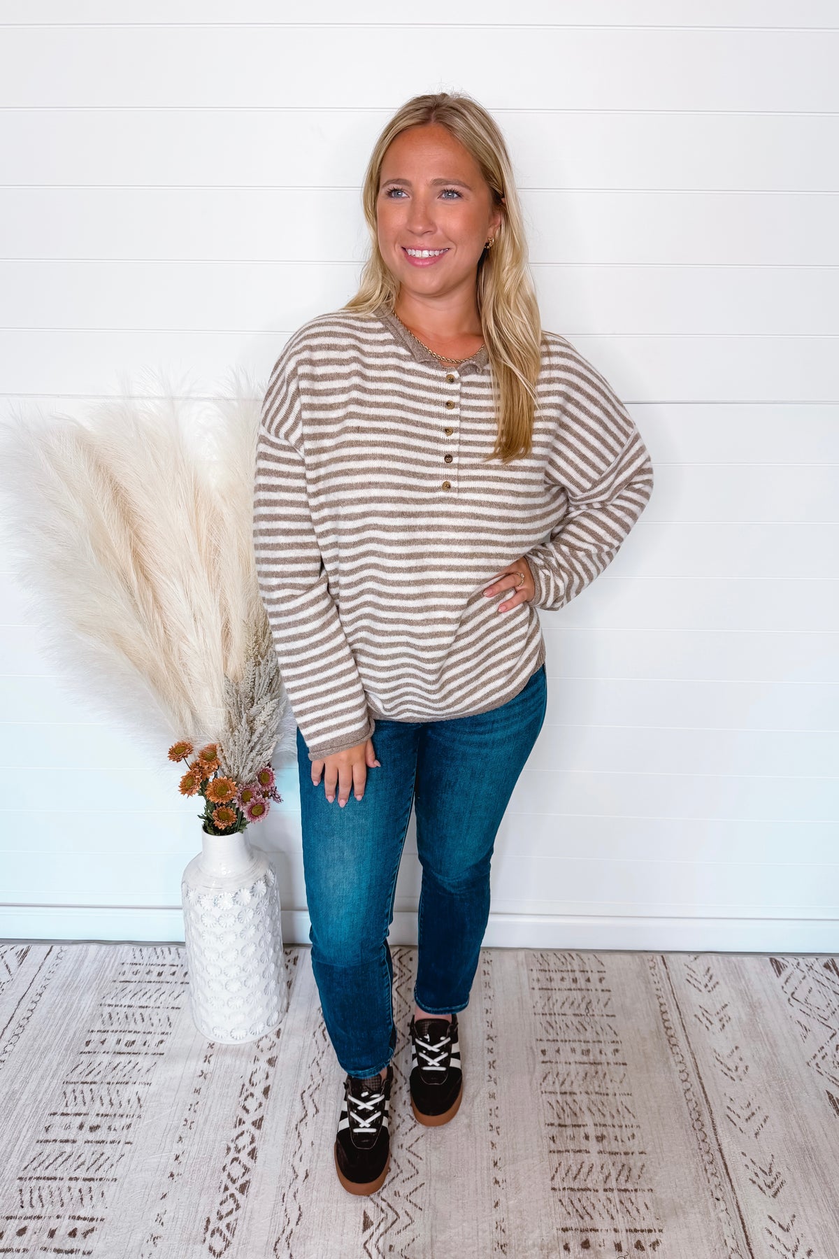 Astrid Lightweight Striped Henley Sweater - Tan/Ivory