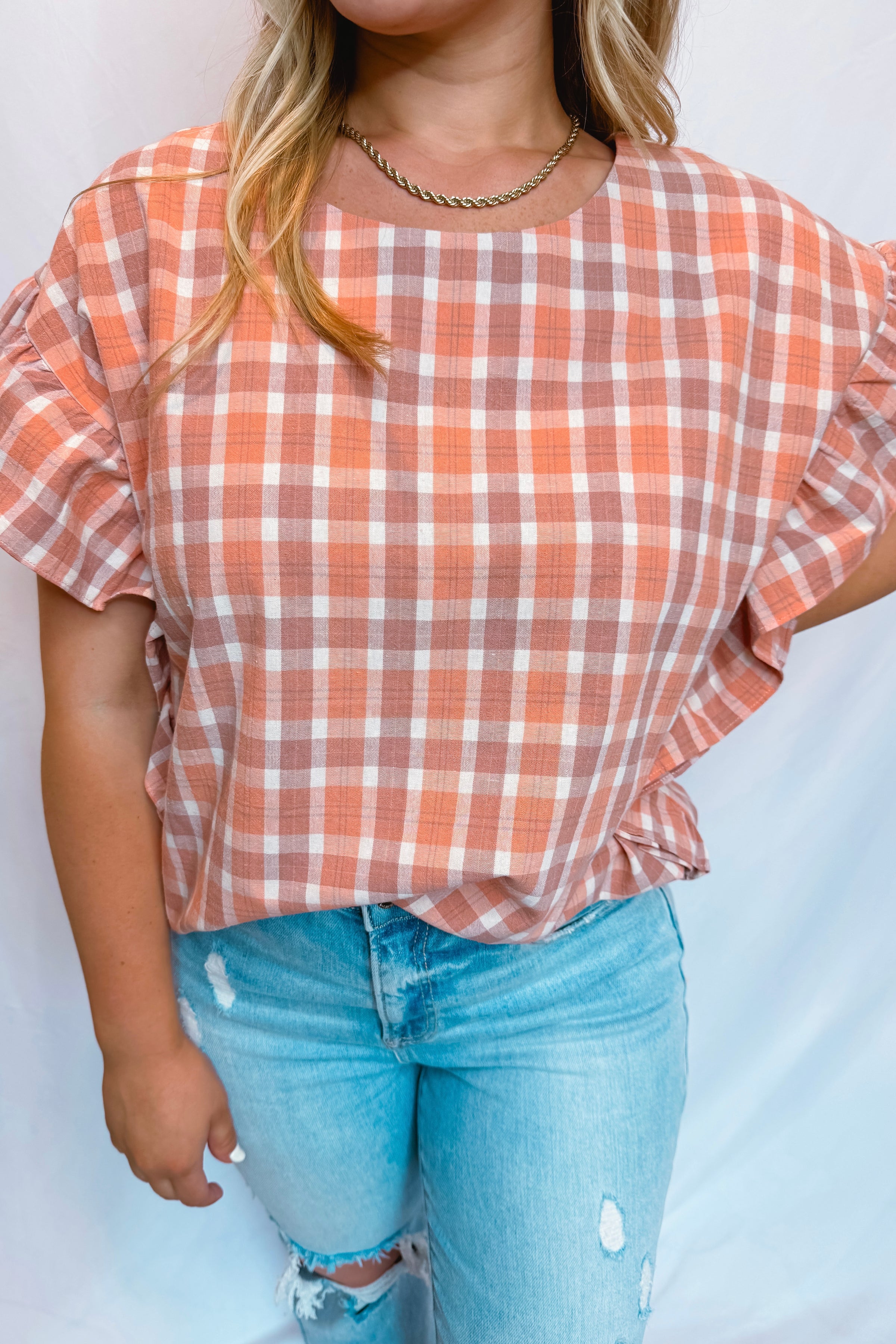 Casual Convo Plaid Ruffle Top - Orange Multi